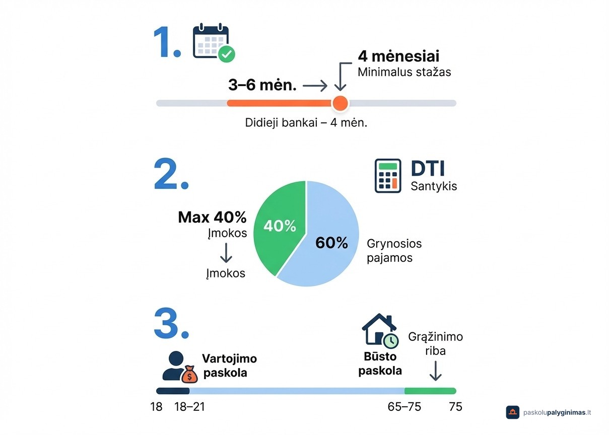 Minimalios pajamos, darbo stažas ir amžiaus reikalavimai paskolai gauti Lietuvoje 2026