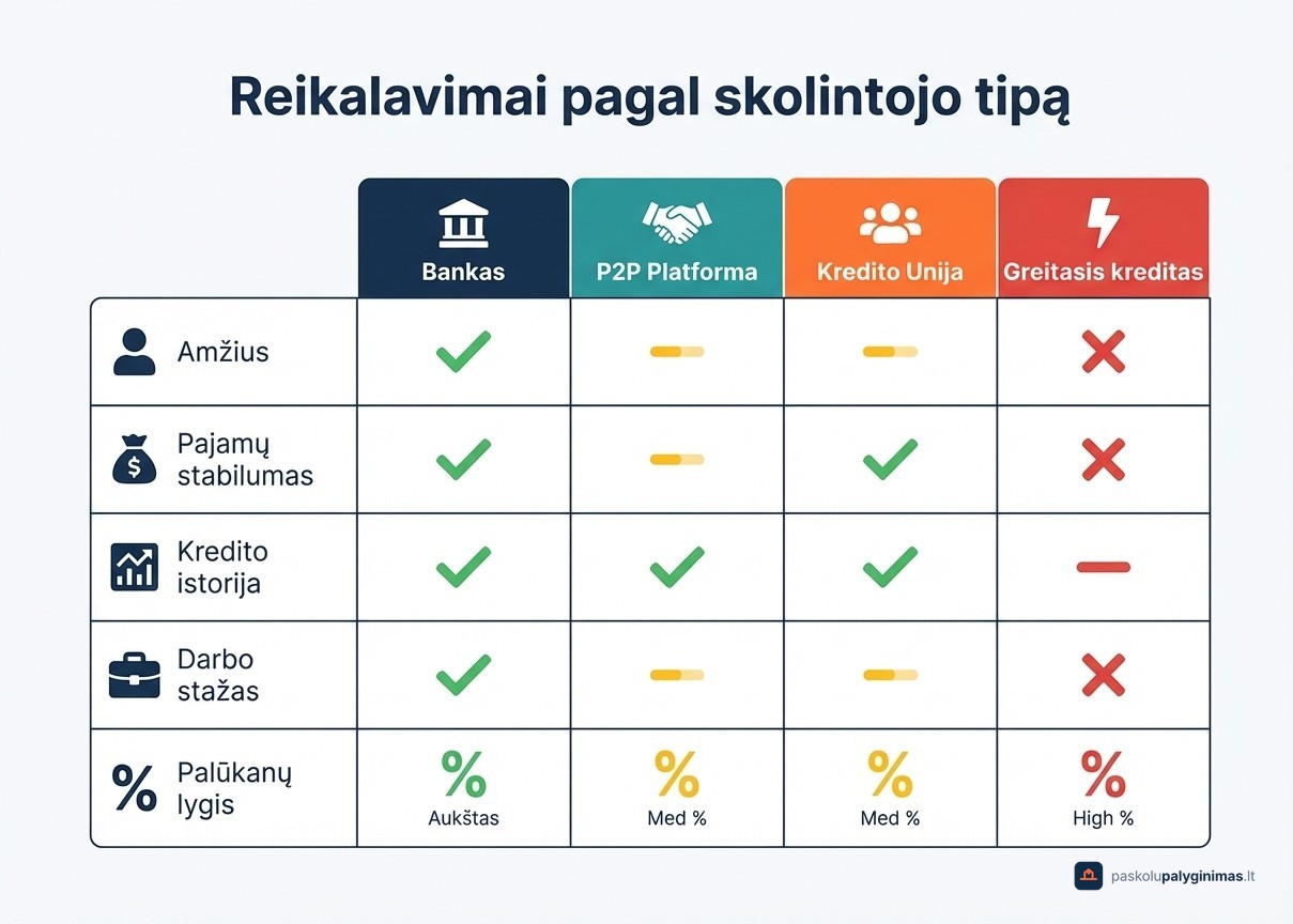 Paskolų reikalavimai pagal skolintojo tipą Lietuvoje: bankas, P2P platforma, kredito unija ir greitasis kreditas palyginimas