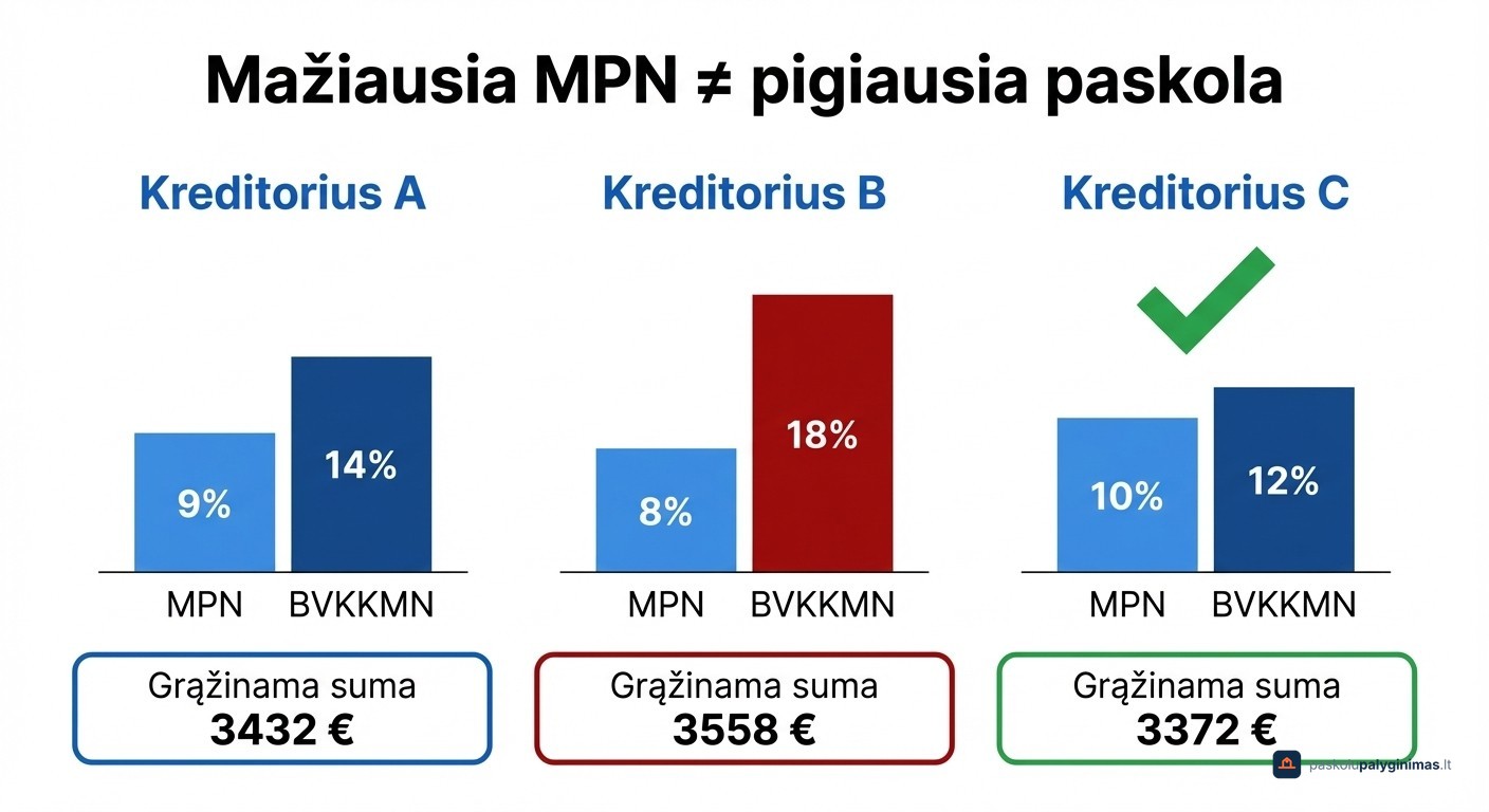 BVKKMN ir MPN palyginimas trijų kreditorių 3000 EUR paskolai 24 mėnesiams – kuris pasiūlymas pigiausias