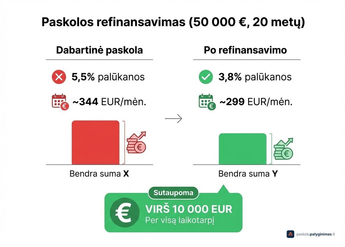 Refinansavimo naudos palyginimas: 50 000 EUR būsto paskola su 5,5% ir 3,8% palūkanomis – mėnesinė įmoka ir bendra sutaupyta suma