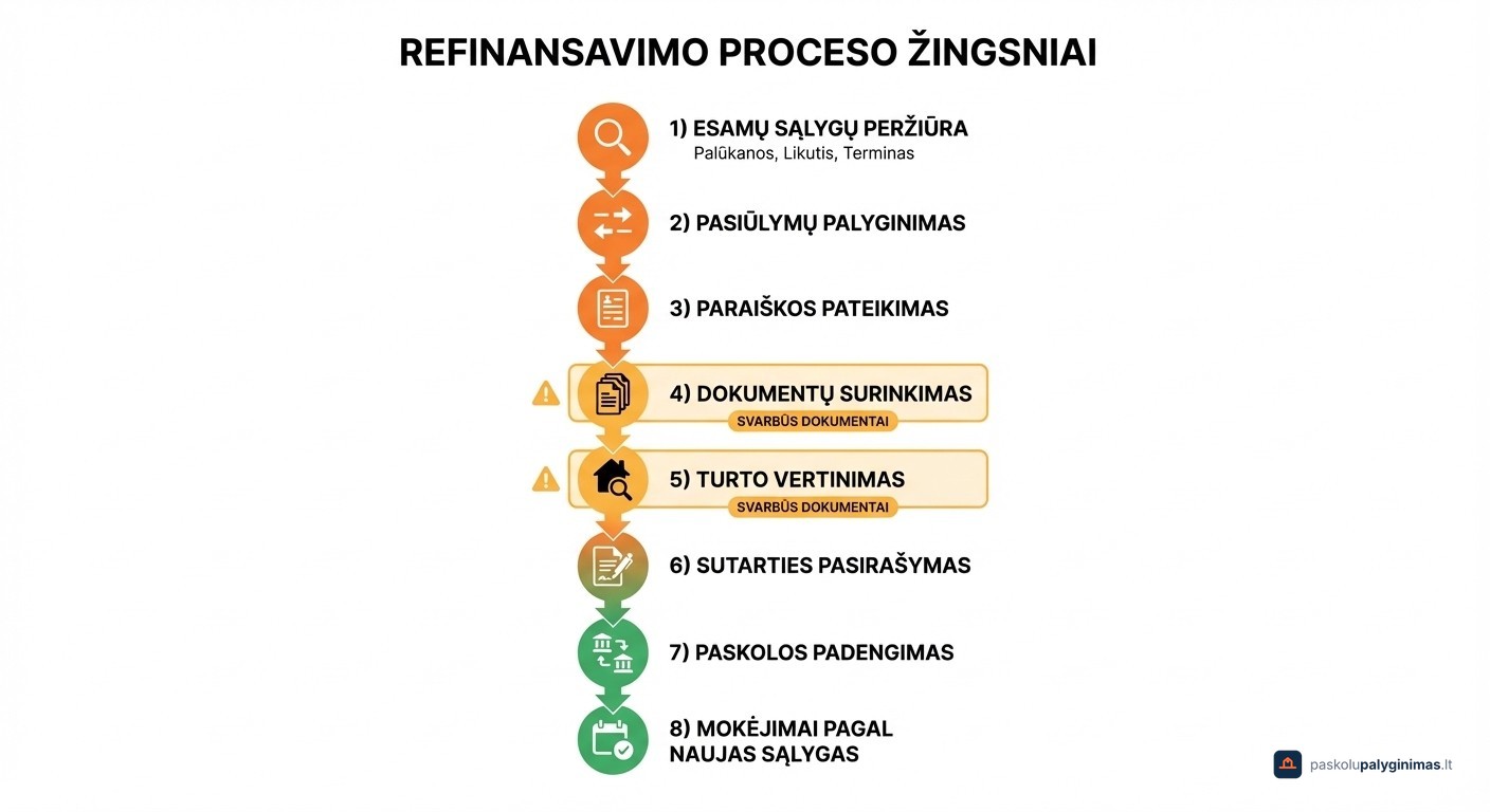 Refinansavimo proceso žingsniai Lietuvoje – nuo paskolos sąlygų peržiūros iki mokėjimų pagal naują sutartį žingsnis po žingsnio