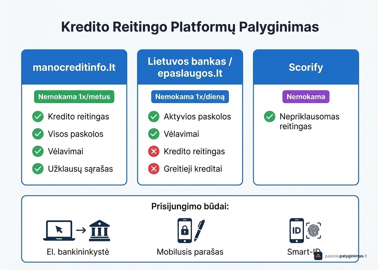 Kaip nemokamai pasitikrinti kredito istoriją Lietuvoje – Creditinfo, Lietuvos bankas ir Scorify palyginimas