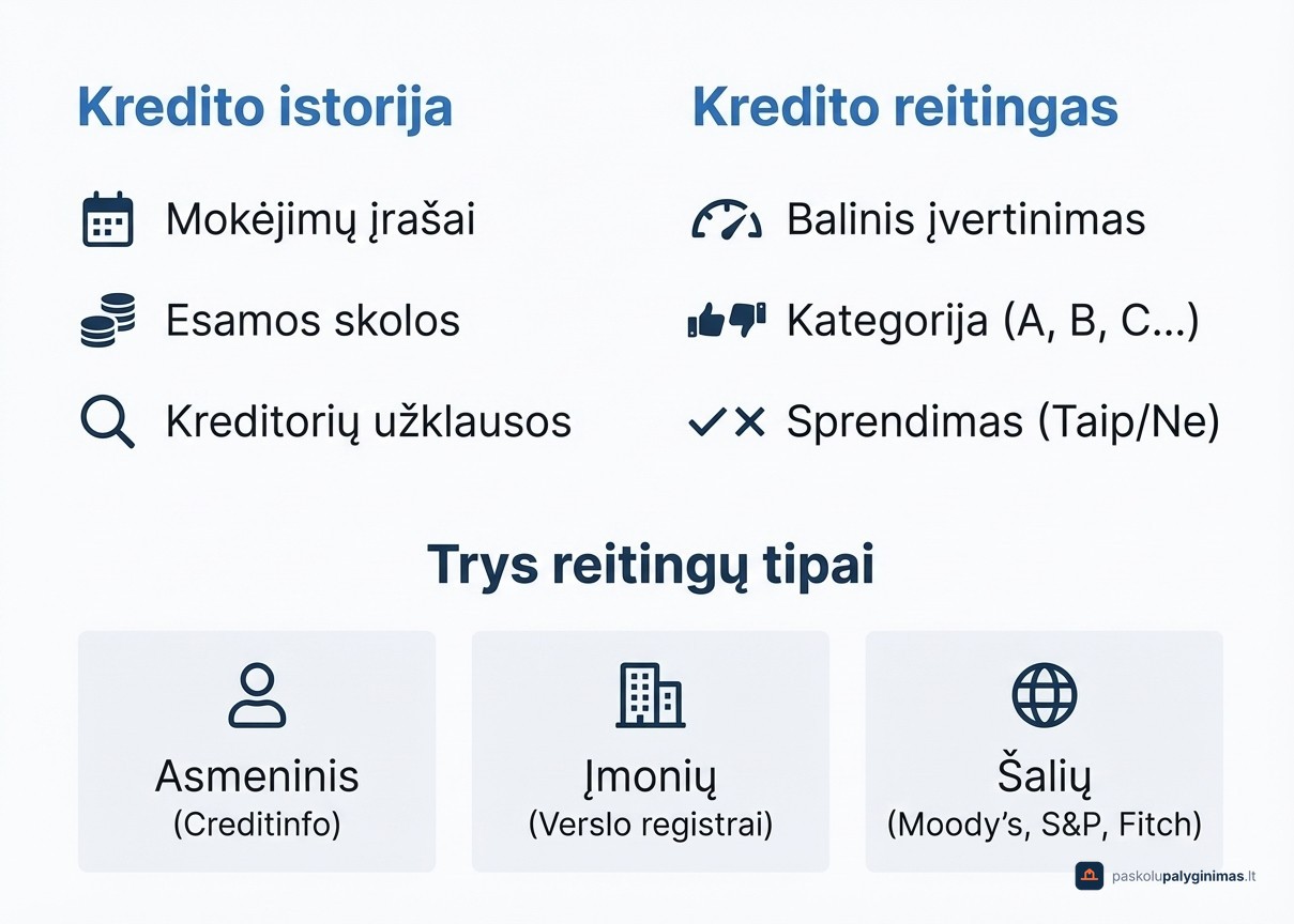 Skirtumas tarp kredito istorijos ir kredito reitingo – palyginimas ir trijų tipų reitingai Lietuvoje