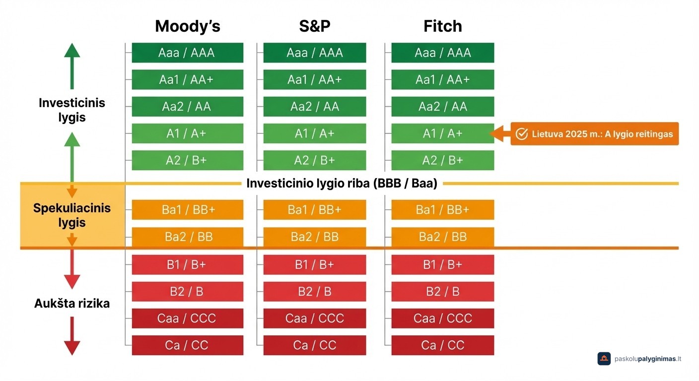 Tarptautinių kredito reitingų agentūrų Moody's S&P Fitch skalių palyginimas ir Lietuvos reitingas 2026