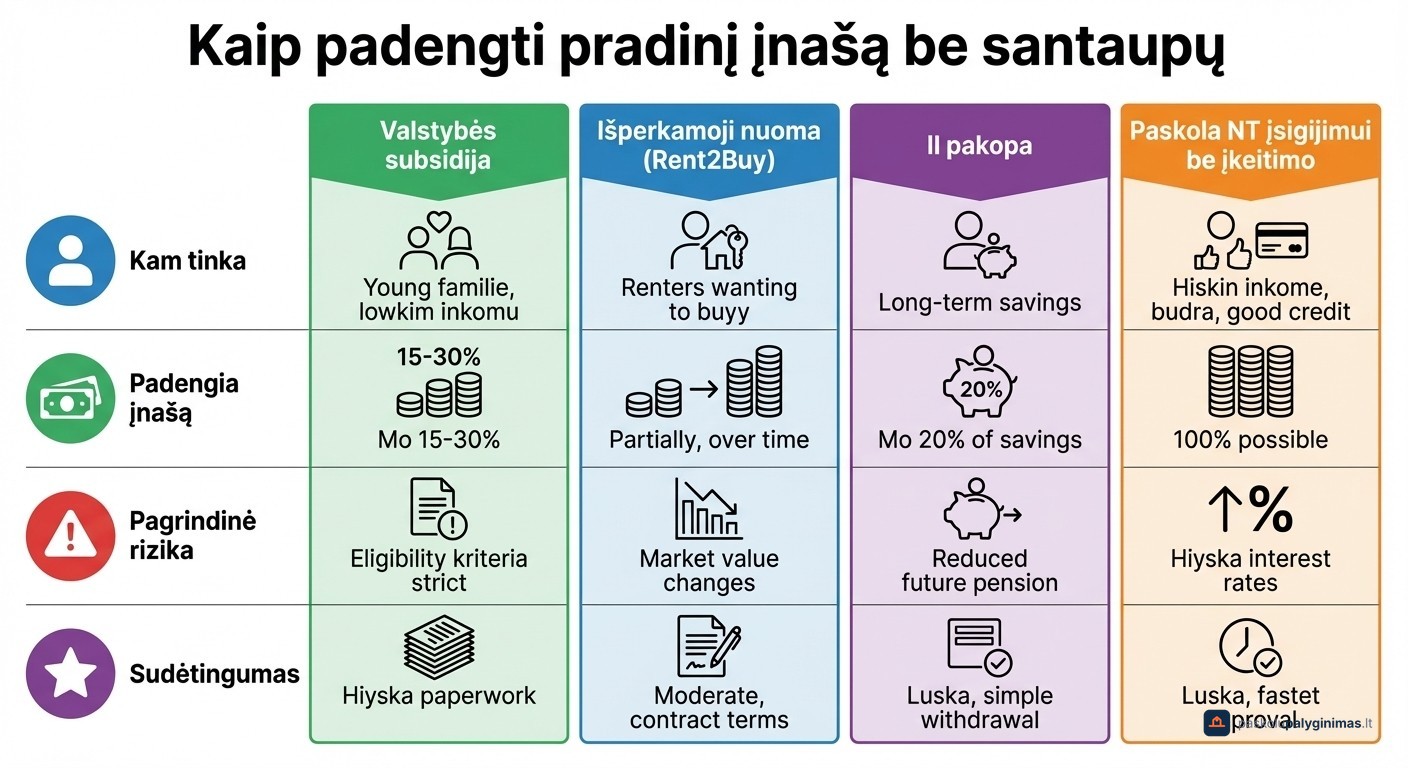 Keturių alternatyvų pradiniam įnašui būsto paskolai Lietuvoje palyginimas