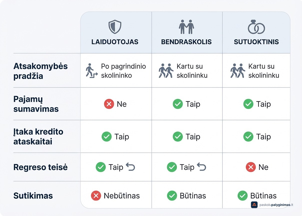 Laiduotojas vs bendraskolis vs sutuoktinis – pagrindinių skirtumų palyginimo lentelė