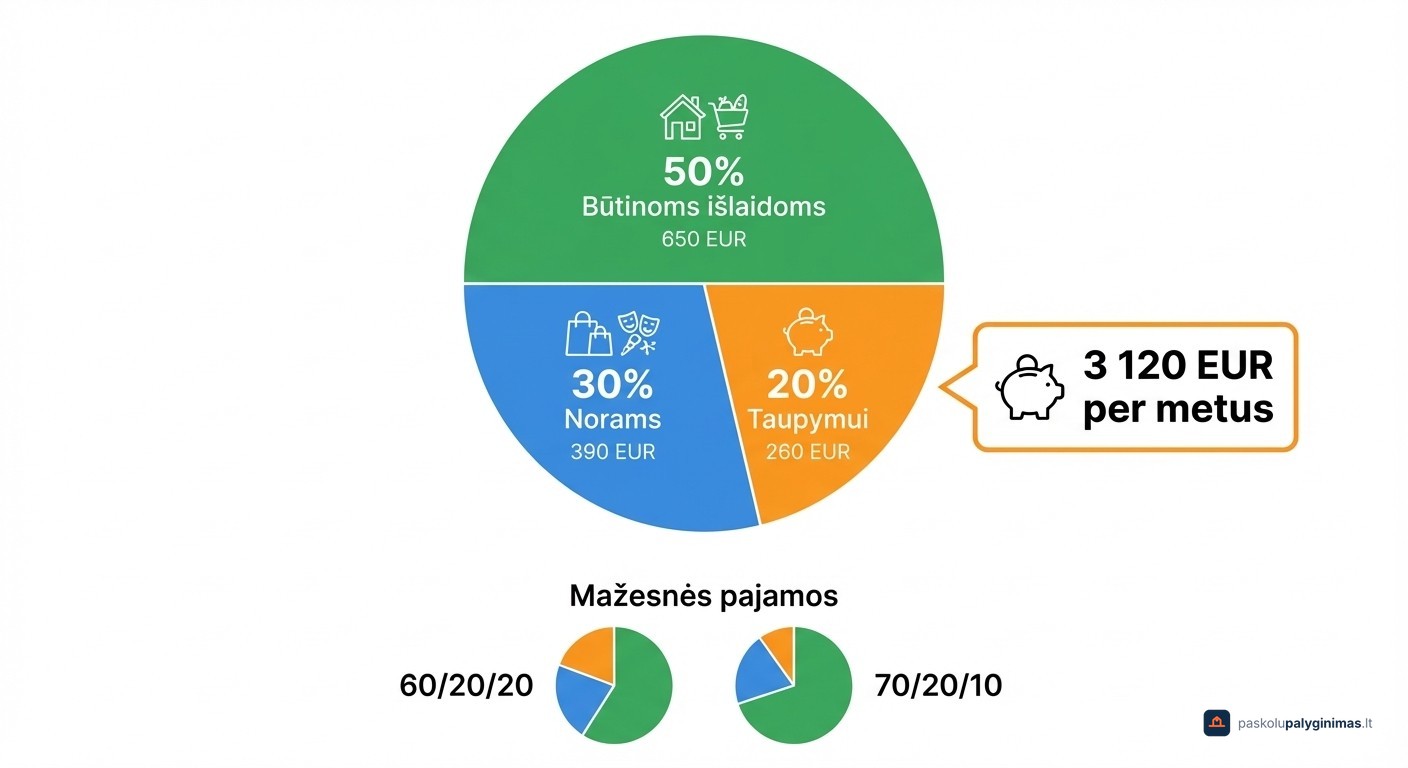 50/30/20 biudžeto taisyklė – pajamų paskirstymo diagrama su pavyzdžiu 1300 EUR atlyginimui