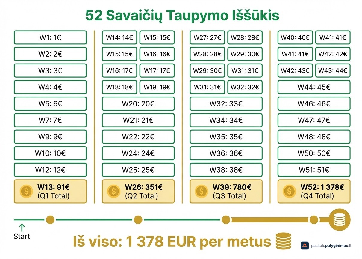 52 savaičių taupymo iššūkio lentelė – kiek atidėti kiekvieną savaitę ir kiek sutaupyti per metus