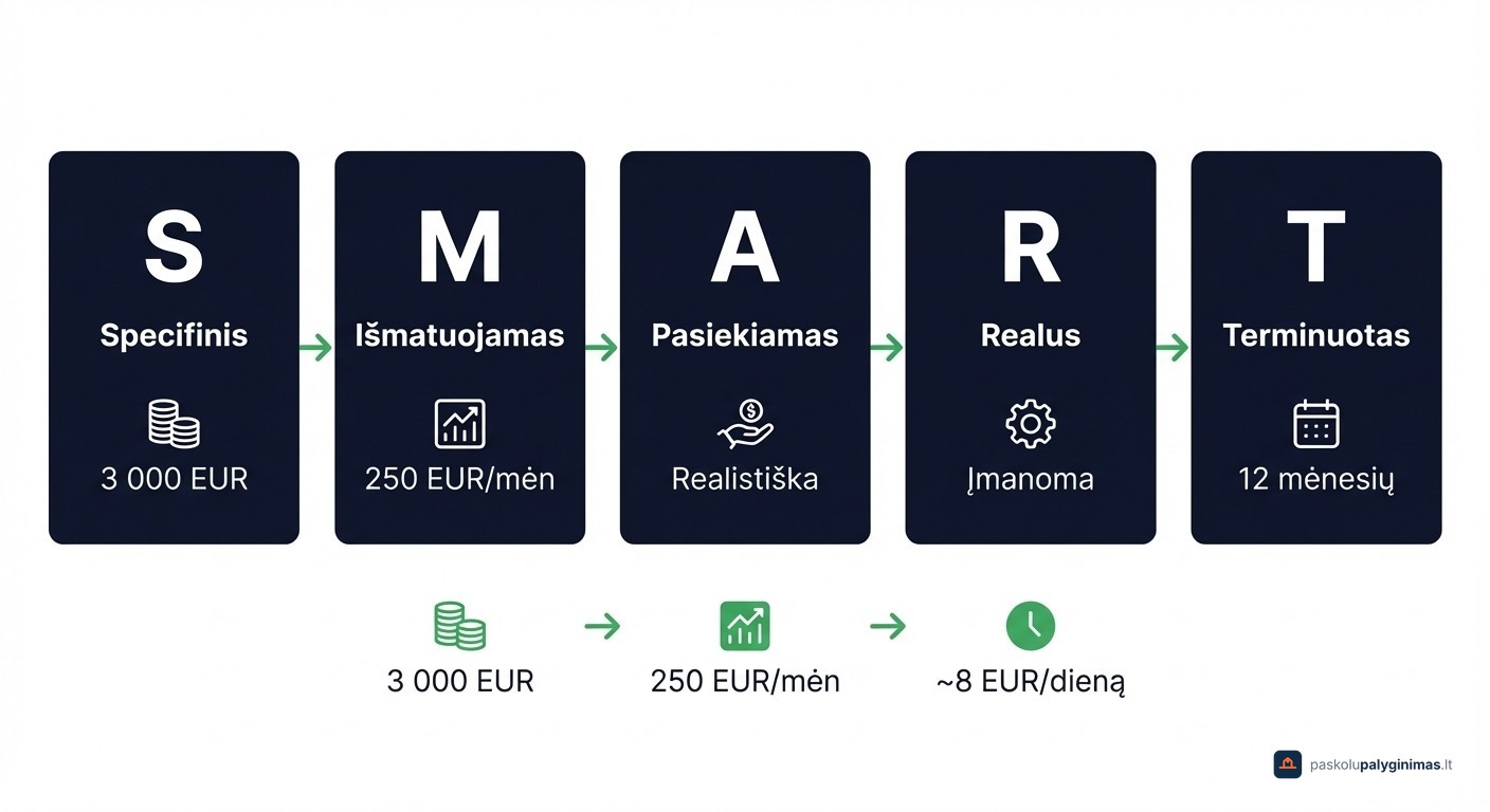 SMART tikslų nustatymo metodas taupymui – kaip suformuluoti konkretų taupymo tikslą