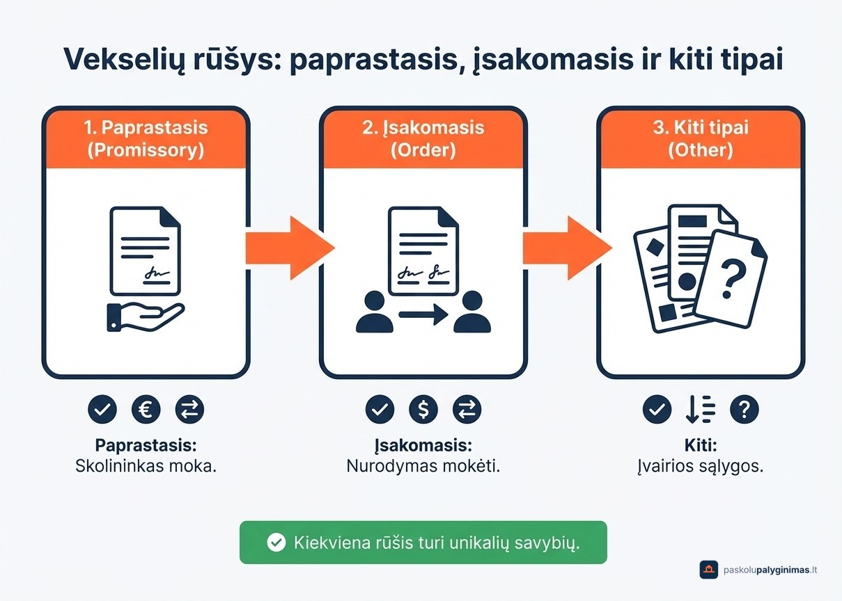 Vekselių rūšys: paprastasis, įsakomasis ir kiti tipai